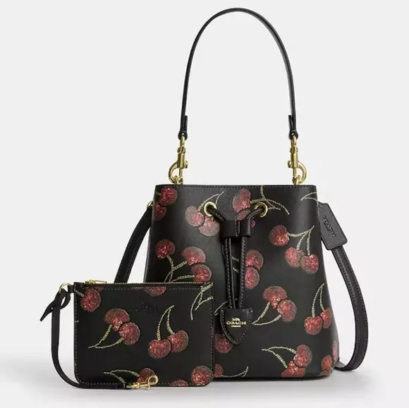 🍒 COACH Rowan Bucket Bag & Rowan Charm w/Sequin Cherry Print - Picture 3 of 14